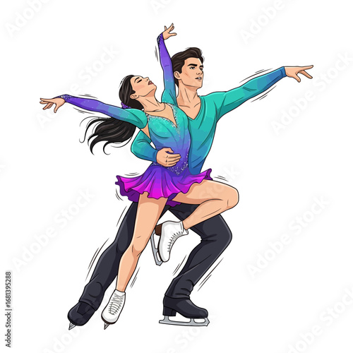 Ice Dance: A male and female figure skater perform a dynamic ice dance with fluid movements and elegant poses, creating a harmonious synergy of athleticism and artistry.