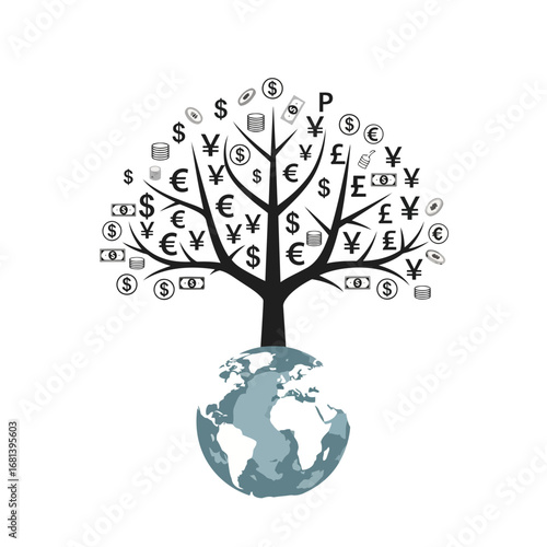 Download this isolated vector art of a global money tree. Ideal for microstock, this icon represents the growth of worldwide wealth and investments.