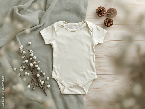 Baby bodysuit mockup, pregnancy announcement background, baby onesie flat-lay with pinecones and green throw.