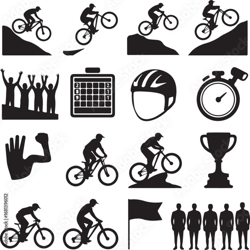 Mountain biking sport icons silhouette collection with riders and gear cyclist bike