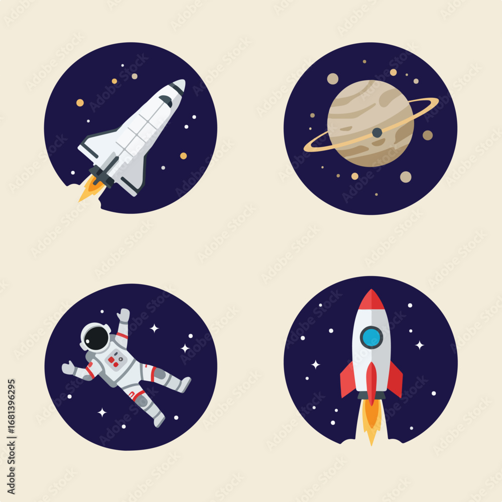 Naklejka premium Exploring Space Spaceships, Astronaut, Planet in Universe