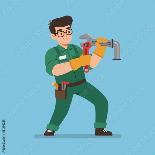 Repairman Fixing Pipe with Wrench in Workplace