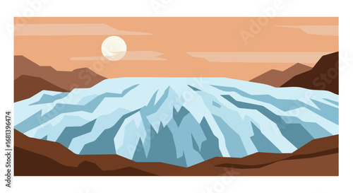 Ice Glaciers Melting Under Rising Sun in Barren Landscape.