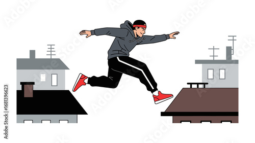 Urban Acrobat: A dynamic illustration captures a free runner leaping between rooftops, showcasing agility and urban exploration.