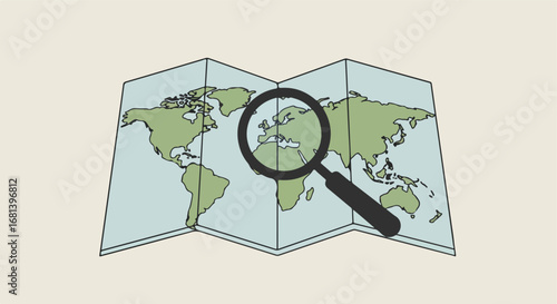 Examining Europe Using a Magnifying Glass on Folded World Map