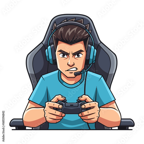 Gamer's Intensity: An illustration of a focused gamer engrossed in his game, clutching a gamepad while wearing headphones and expressing intense concentration. 