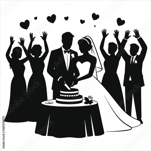 Silhouette bride and groom cutting wedding cake with cheering bridesmaids and groomsmen at reception, romantic hearts, black and white vector illustration for wedding celebration and invitation design