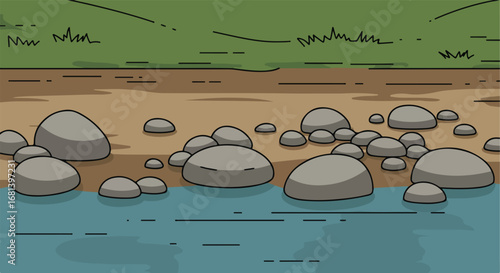 Stones Resting Beside Water, Ground, and Grass