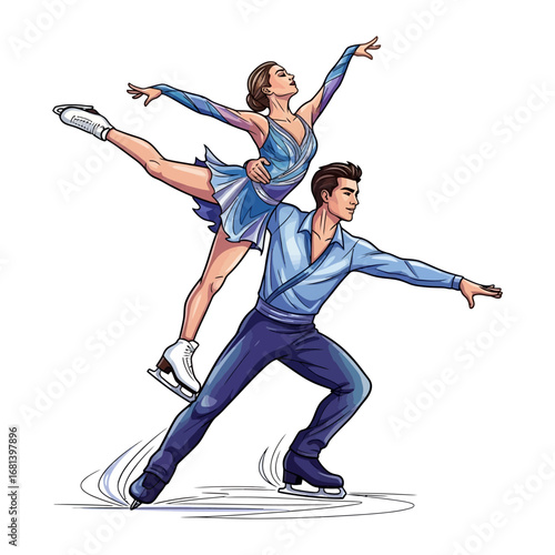 Graceful Duo: A pair of figure skaters execute a breathtaking lift, captured with a detailed illustration that emphasizes their elegance and strength.