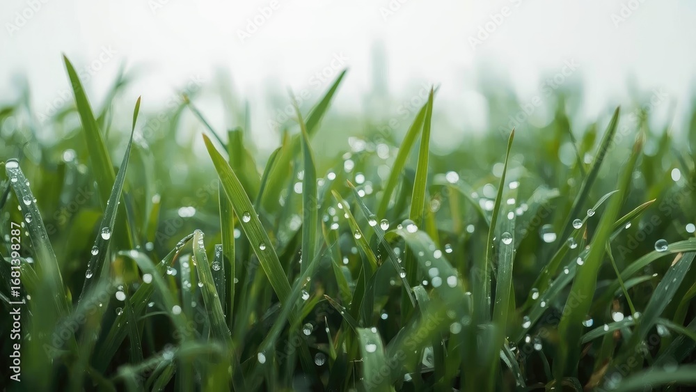 Obraz premium Close-up of dew on vibrant grass and leaves showcasing nature