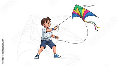 Child and Kite: Capturing the joyous spirit of a young child, soaring through the air with a vibrant, multicolored kite, symbolizing freedom, play, and carefree childhood moments.
