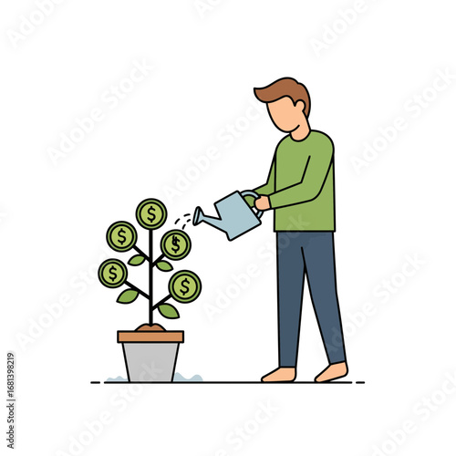 Download this isolated vector art of a person nurturing a money tree. Ideal for microstock, this icon represents smart saving, long-term wealth, and financial planning.