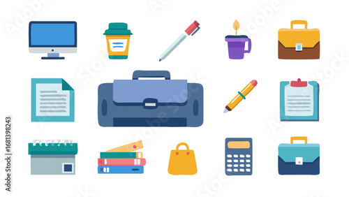 Illustration of office supplies including a computer, printer, and various stationery items