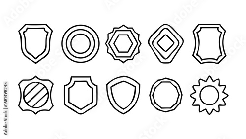 Collection of ten outlined decorative shapes including shields circles and geometric designs in black and white