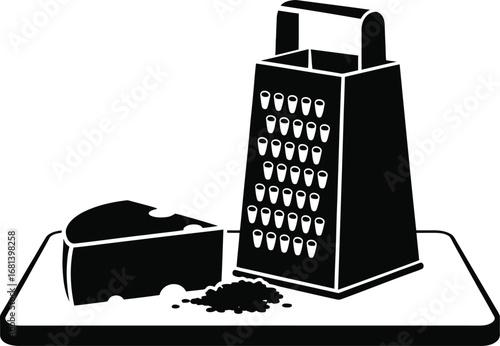 Black and white illustration of a cheese grater with cheese on a cutting board