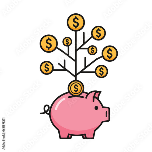 Download this isolated vector art of a money tree and a piggy bank. Ideal for microstock, this icon represents long-term wealth, smart saving, and financial prosperity.