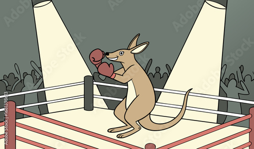 A kangaroo boxing in a professional boxing ring, bright spotlights, cheering crowd, cinematic action shot, humorous and ultra-realistic."