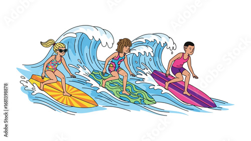 Surfing the Waves: Three figures ride waves on vibrant surfboards, embodying the essence of adventure and freedom in a colorful illustration.