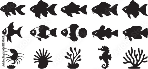 Collection of black silhouette marine life and underwater plants on white background fish seahorse