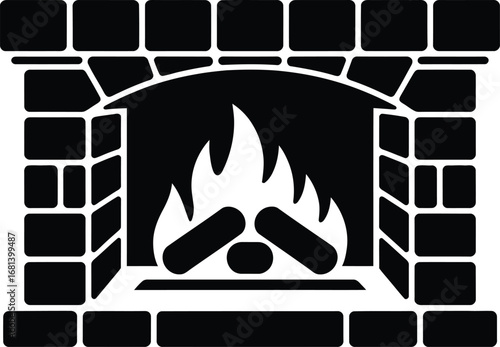 Black and white silhouette of a brick fireplace with a burning fire and logs