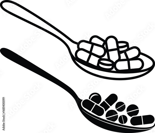 Two spoons filled with many pills and capsules in a hand drawn style