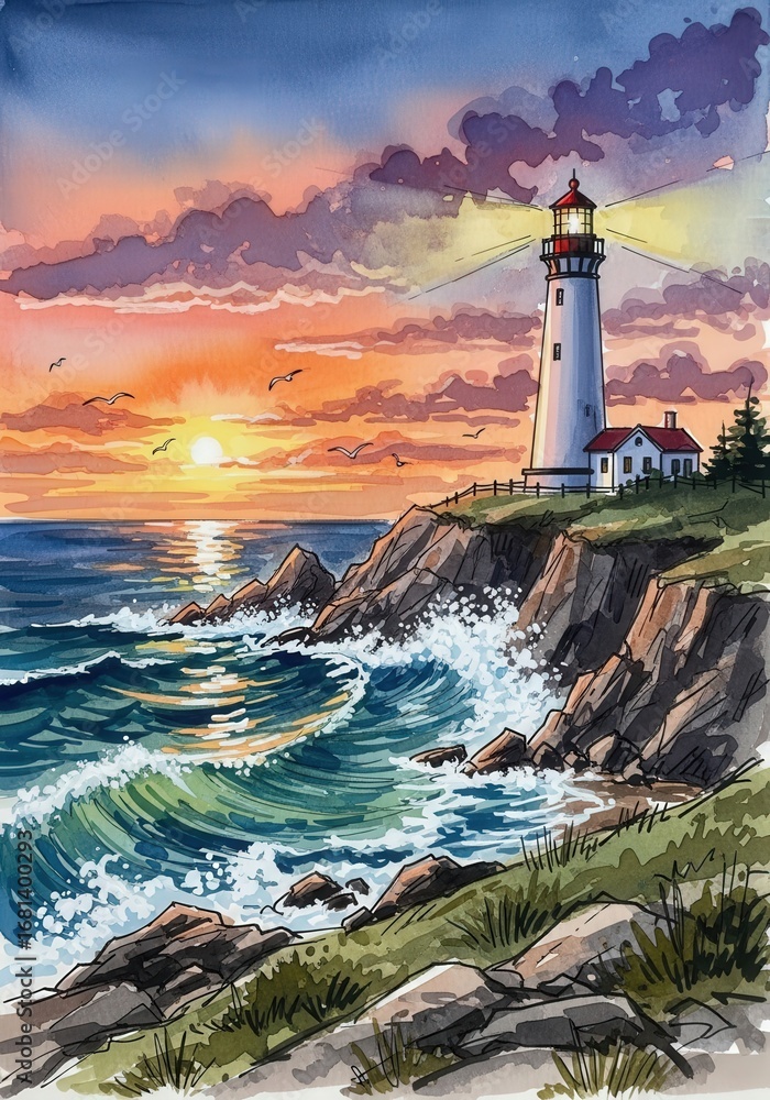 Fototapeta premium A watercolor painting depicts a lighthouse atop a cliff. The sun sets over the ocean, with birds in the sky. Lush waves crash