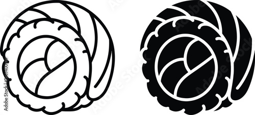 Two stylized sushi rolls one outlined and one solid black silhouette
