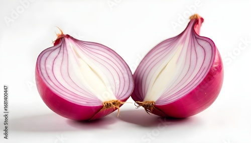 A vibrant red onion, precisely cut in half, isolated on a clean white background, studio lighting, sharp focus, showcasing the intricate layers and textures.
