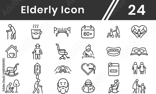 Elderly care line icon set for web. Including retirement, old, pension, senior, grandparents, wheelchair, alzheimer, caregiver, and more. Editable stroke. Vector illustration.
