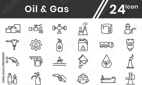 Oil and Gas line icon set for web. Oil and Gas Industry fuel, refinery, petroleum, oil well, gas pump, offshore platform, lubricant, oil barrel and more. Editable stroke. Vector illustration