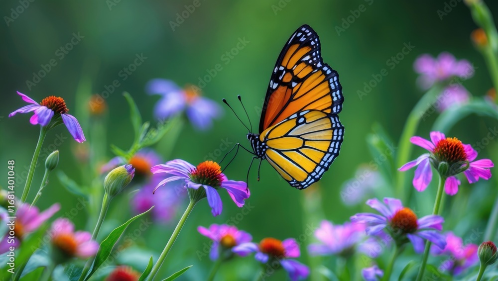 Fototapeta premium Vivid butterfly fluttering amidst colorful flowers