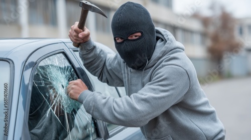 Intruder in Mask Attacking Vehicle Window with Hammer in Urban Setting, Showcasing Crime and Vandalism in Daylight Scenario