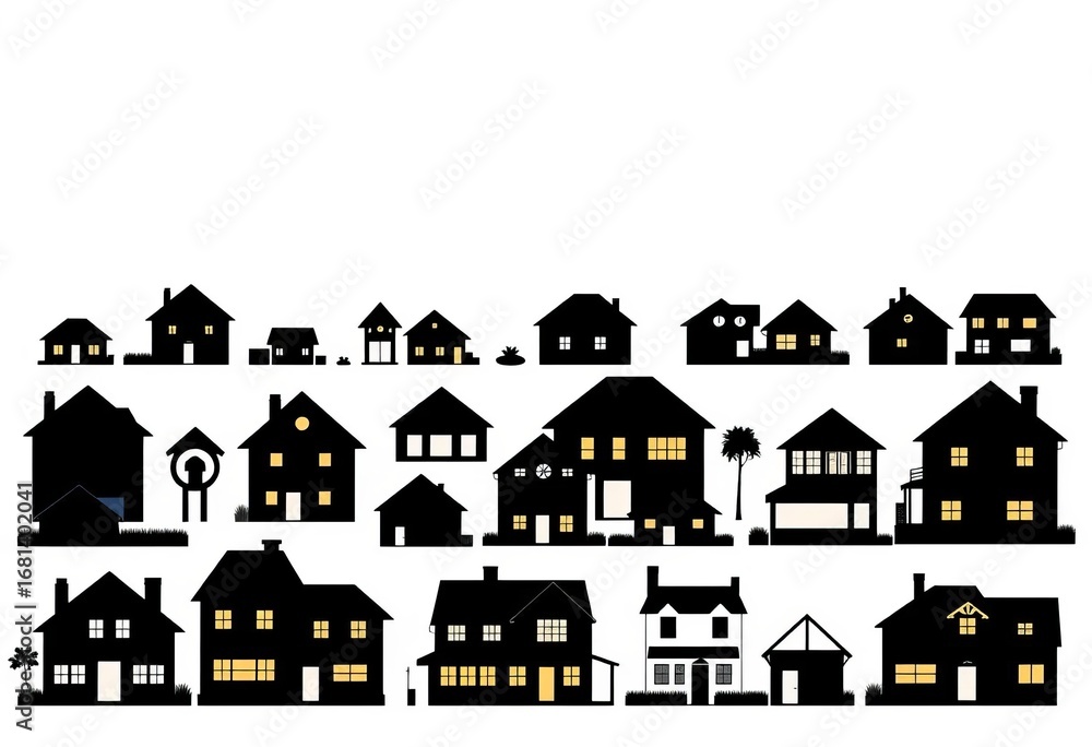 Naklejka premium Collection of diverse house silhouettes against a plain background, various styles and sizes, illustration, vector