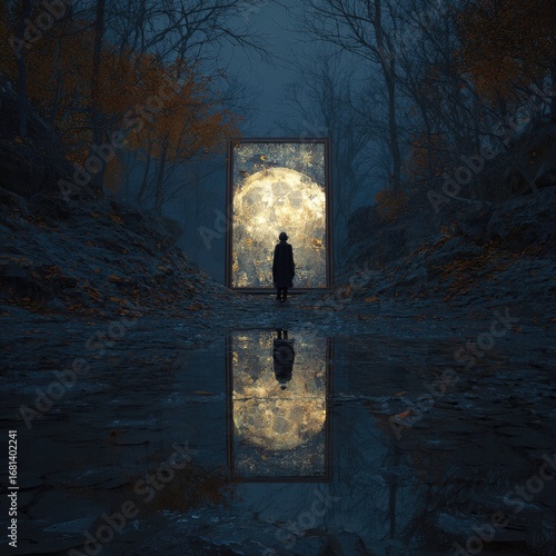 A figure stands before a moonlit portal in a misty forest