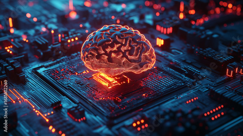 Glowing digital brain floating above a futuristic microchip Artificial intelligence computer technology