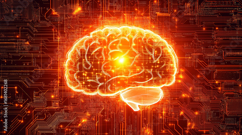 Glowing digital brain floating above a futuristic microchip Artificial intelligence computer technology