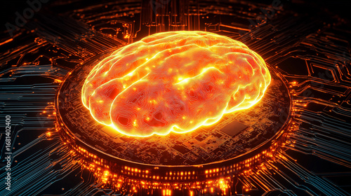 Glowing digital brain floating above a futuristic microchip Artificial intelligence computer technology