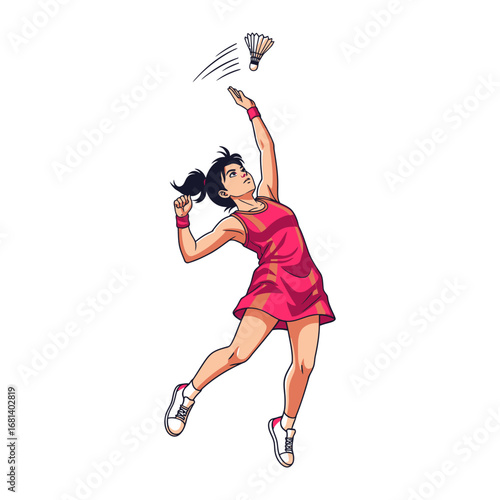 Dynamic Badminton Display: A female athlete in mid-action, captured as she delivers a powerful overhead serve with a feathered shuttlecock in the air. Showing the grace, skill.