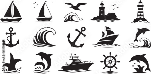 Collection of black silhouette nautical icons including sailboats lighthouses anchors dolphins waves and ships