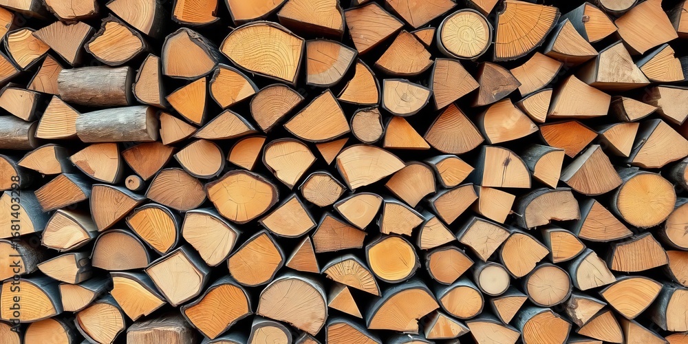 Neatly stacked firewood logs, ready for winter, timber, fuel Neatly stacked firewood logs, ready for winter, timber, fuel