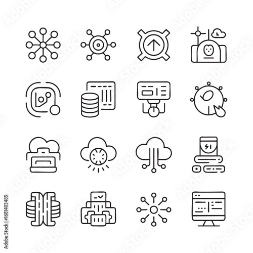 Cloud data and network technology thin line icon set