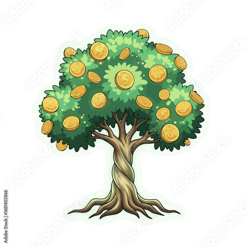 Download this vibrant fantasy money tree vector art. Ideal for microstock, this isolated illustration of a glowing tree represents financial success and magical prosperity.