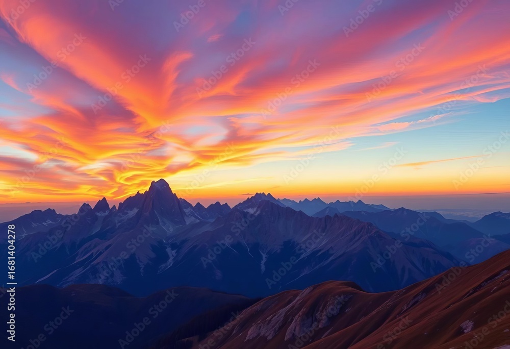 Obraz premium Serene mountain vista at sunset, showcasing majestic peaks and vibrant sky, water, scenery