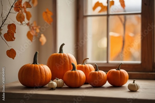 Minimalist Halloween Still Life with Small Orange Pumpkins