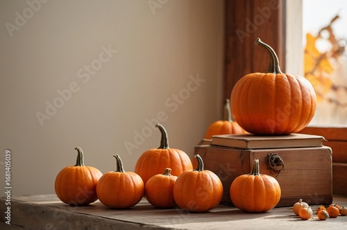 Minimalist Halloween Still Life with Small Orange Pumpkins on Wooden Table
