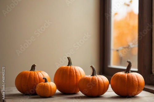 Halloween Still Life with Orange Pumpkins on Wooden Table