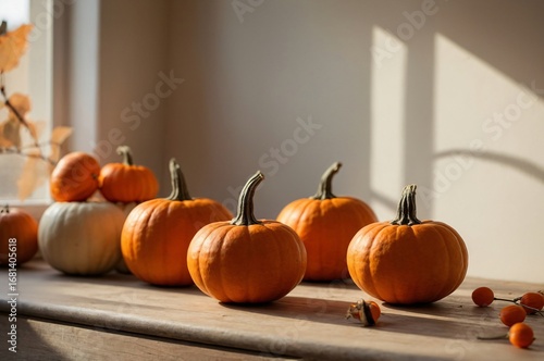 Minimalist Halloween Still Life with Small Orange Pumpkins on Wooden Table