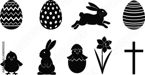 Easter silhouette vector set with eggs, bunnies, chick, flower, and cross symbols for holiday celebration, decoration, crafts, and design