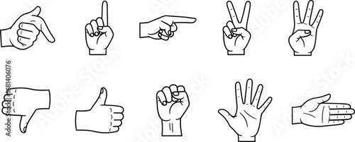 Hand gesture icons collection including thumbs up, thumbs down, pointing, fist, counting fingers, open palm vector illustration design set