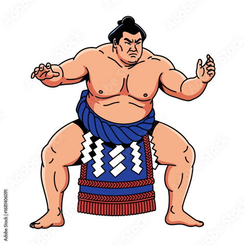 Sumo Wrestler Ready for a Bout: A robust sumo wrestler, depicted in a vibrant, clean graphic style, adopts a classic stance, poised for combat, demonstrating power and cultural tradition.